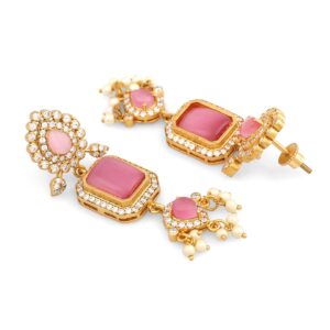 Gold Plated Semi-Precious Stones Studded Traditional Pink Dangler Earrings for Women