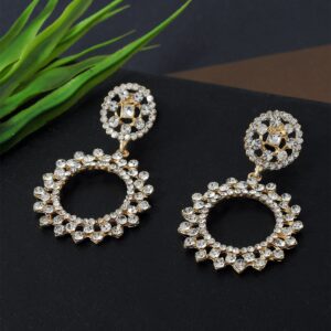 Gold Plated Rhinestones Embedded Circular Design Statement Dangler Earrings for Women