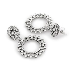 Silver Plated Rhinestones Studded Circular Design Statement Dangler Earrings for Women