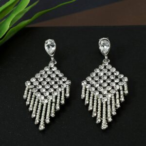 Silver Plated Rhinestones Embedded Dangler Earrings with Pearl Tassels for Women