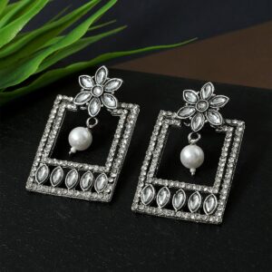 Silver Plated Kundan and Rhinestones Studded Dangler Earrings for Women