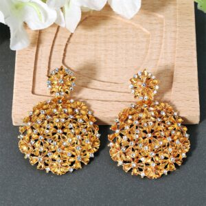 Gold Plated Rhinestone Studded Statement Party Dangler Earrings for Women
