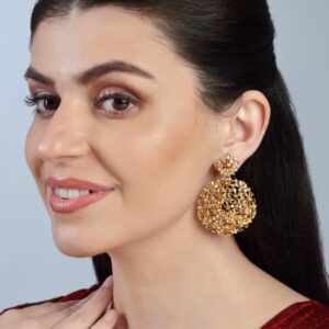 Gold Plated Rhinestone Studded Statement Party Dangler Earrings for Women
