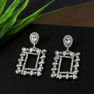 Silver Plated Rhinestones Studded Geometric Design Statement Dangler Earrings for Women
