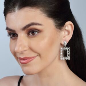 Silver Plated Rhinestones Studded Geometric Design Statement Dangler Earrings for Women