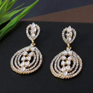 Gold Plated Rhinestones Studded Contemporary Design Statement Dangler Earrings for Women