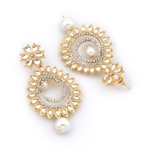 Gold Plated Rhinestones and Kundan Studded Dangler Earrings with Pearl Drops for Women