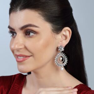 Silver Plated Rhinestones and Kundan Studded Dangler Earrings with Pearl Drops for Women