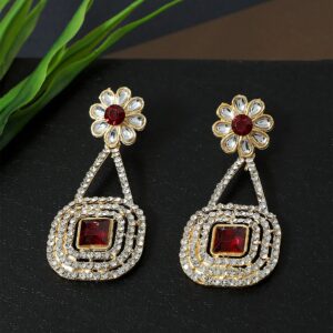 Gold Plated Ruby Stone and Rhinestones Studded Dangler Earrings for Women