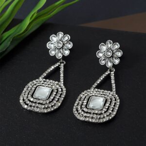 Silver Plated Rhinestones Studded Statement Dangler Earrings for Women