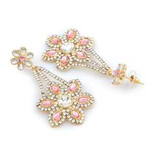Gold Plated Floral Design Rhinestones Studded Pink Statement Dangler Earrings for Women