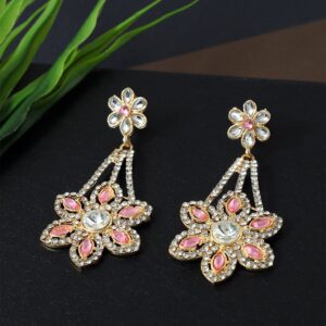 Gold Plated Floral Design Rhinestones Studded Pink Statement Dangler Earrings for Women