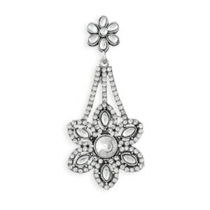 Silver Plated Floral Design Rhinestones Embedded Statement Dangler Earrings for Women