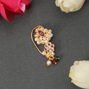 Gold Plated Traditional Pearls and Semi Precious Stones Embedded Floral Design Clip On Nath/ Nose Ring for women