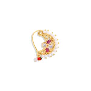 American Diamond and Pearl Embedded Filigree Design Clip On Nath/ Nose Ring for Women