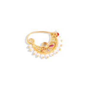 American Diamond and Pearl Embedded Filigree Design Clip On Nath/ Nose Ring for Women