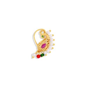 Traditional Gold Plated Stones and Pearls Embedded Delicate Peacock Design Clip On Nose Ring/ Nath for Women