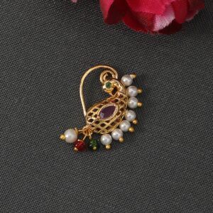 Traditional Gold Plated Stones and Pearls Embedded Delicate Peacock Design Clip On Nose Ring/ Nath for Women