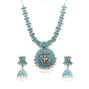 Temple Design Oxidized Necklace & Earrings Set with Lotus Motifs for Women