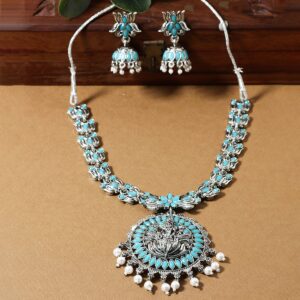 Temple Design Oxidized Necklace & Earrings Set with Lotus Motifs for Women