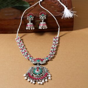 Ruby & Emerald Stone Embellished Antique Oxidized Necklace Set for Women