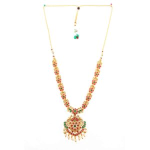 Matte Gold Toned Ruby Emerald Embellished Floral Deisgn Necklace Set for Women