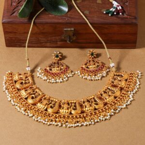 Matte Gold Plated Temple Inspired Goddess Lakshmi Motif Necklace Set for Women