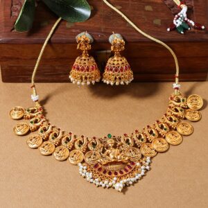 Gold Plated Temple Inspired Goddess Lakshmi Coin Motif Necklace  Set for  Women
