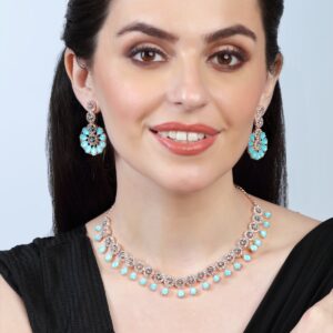 Rose Gold Plated Studded Drop Necklace Set with Floral Earrings for Women