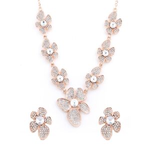Statement Rose Gold Toned Floral Style Rhinestones Studded Necklace Set for Women