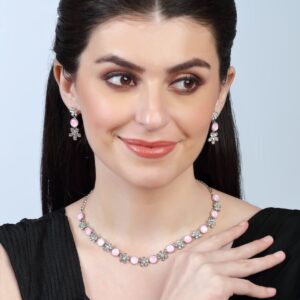 Silver Plated Rhinestones Studded Minimal Pink Necklace Set for Women