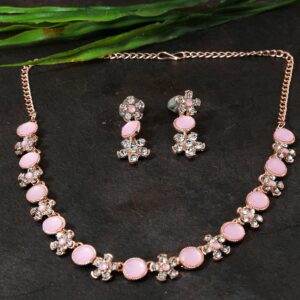 Delicate Rose Gold Plated Rhinestones Studded Pink Floral Design Necklace Set for Women