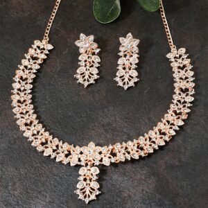 Rose Gold Plated Delicate Floral Design Rhinestones Studded Necklace Set for Women