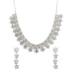 Silver Plated Rhinestones Studded Star Design Delicate Necklace Set for Women