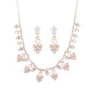 Delicate Rhinestones Studded Rose Gold Plated Floral Style  Necklace Set for Women