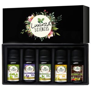 Luxura Sciences Organic Essential Oil Combo Pack of 5 Oils ;HAIR GROWTH Essential oil kit 5*15ml (Lavender Oil; Bhringraj Oil; Amla Oil; Ylang Ylang Oil; Vitamin E Oil)