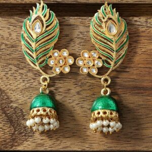 Women Gold-Plated & Green Leaf Shaped Meenakari Jhumkas Earrings