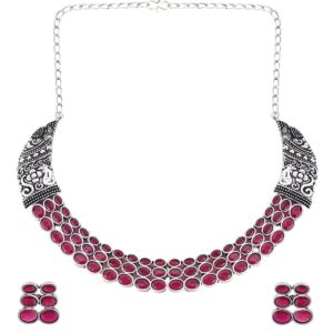 Accessher Traditional Silver Plated Ruby Red Stones Studded Oxidized Necklace Set