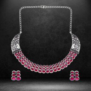 Accessher Traditional Silver Plated Ruby Red Stones Studded Oxidized Necklace Set