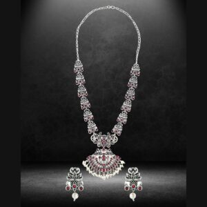 Accessher Statement Silver Plated Peacock Design Long Oxidized Necklace Set