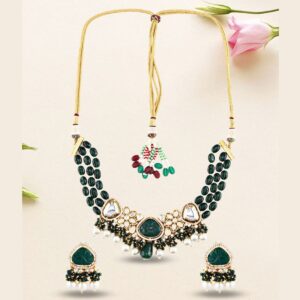 Accessher Traditional Green Kundan & Pearls Necklace Set for Women and Girls