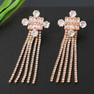 Rose Gold Plated Contemporary Earrings with Rhinestones Studded Tassels for Girls & Women