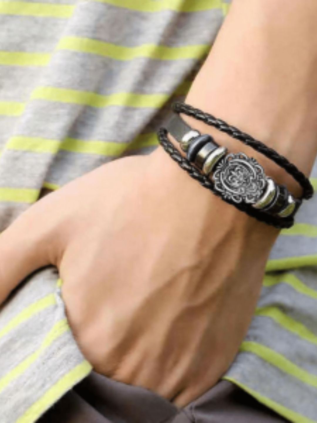 AccessHim Leatherite Layered Men's Bracelet with Metal Buckle
