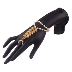 Golden fern shaped Kundan and Moti Hathphool/Hand Harness/Finger Ring Bracelet for Girls/Women