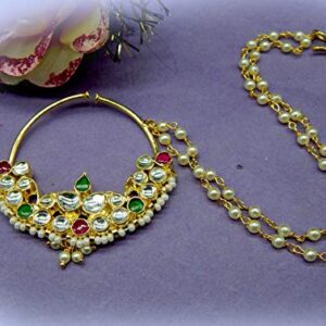 AccessHer Bridal Traditional Jadau pink green Kundan and Pearl Nose Ring Nath with double chain