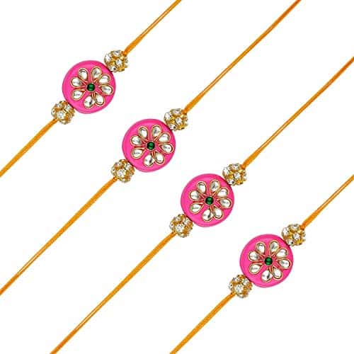 Delicate Pink Enamel Rakhi with Greeting Card for Brother