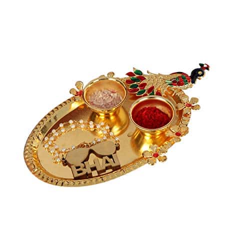 ACCESSHER Elegant Gold Plastic Rakhi Set with Acrylic Pooja Thali, Roli Kumkum