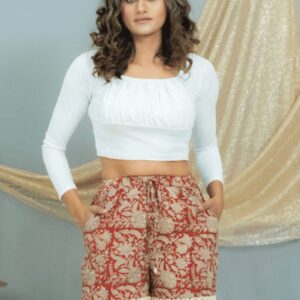 Red Bagru Cotton Shorts With Lace