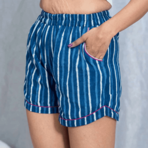 Indigo Dabu Stripes Cotton Shorts