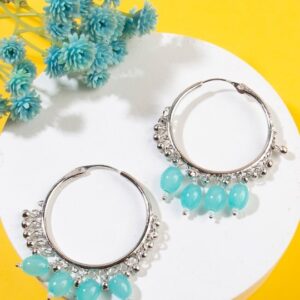 Silver Plated Blue Beads Embellished Hoop Earrings